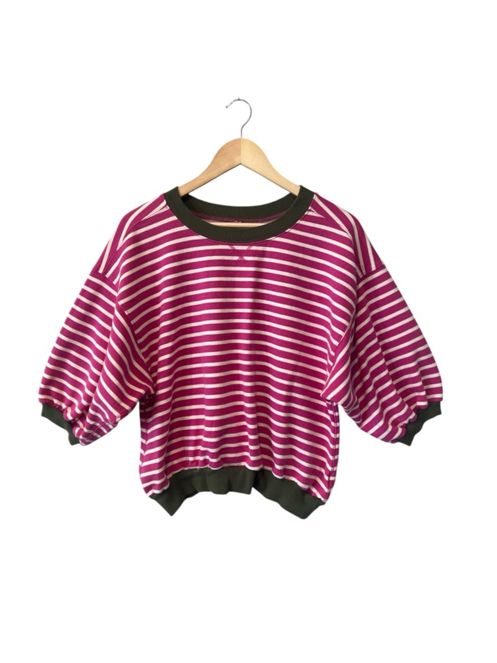 Pilcro Niki Bubble Sweatshirt Pink White Stripe Green Trim 3/4 Sleeve Medium
